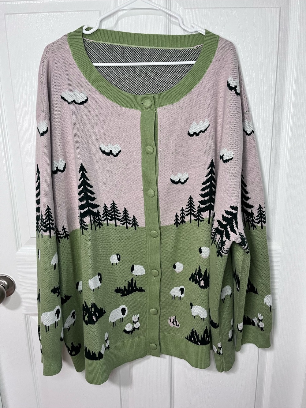 BloomChic Green and Pink Scenic Sheep Knit Cardigan